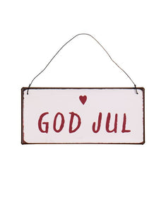 Rechteckiges Metallschild mit der Aufschrift „God Jul“ im skandinavischen Stil, 7x15 cm.