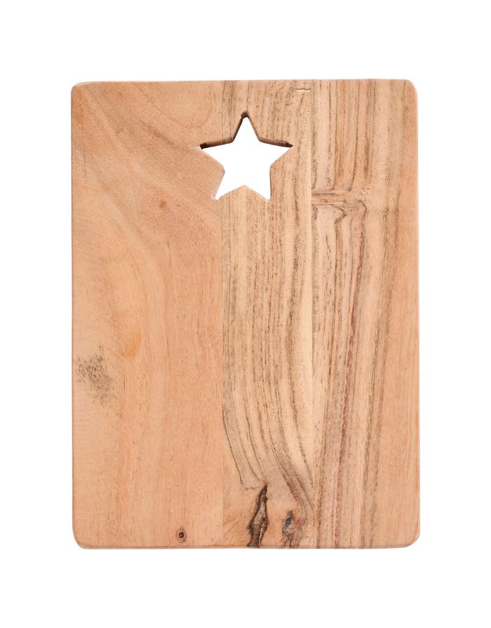 Schneidebrett aus Akazienholz von Ib Laursen mit dekorativem Stern-Ausschnitt am oberen Rand, 20 cm lang.