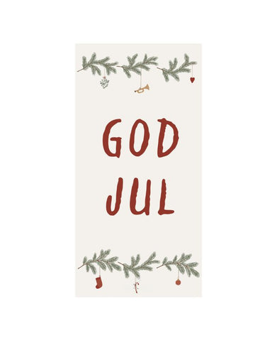 Papierserviette mit „God Jul“-Schriftzug und Weihnachtsgirlande in festlichen Farben.