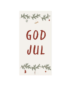 Papierserviette mit „God Jul“-Schriftzug und Weihnachtsgirlande in festlichen Farben.