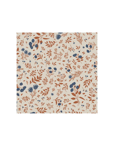 Papierserviette mit Blumenmotiv in Blau und Terrakotta, perfekt für elegante Tischdekorationen.