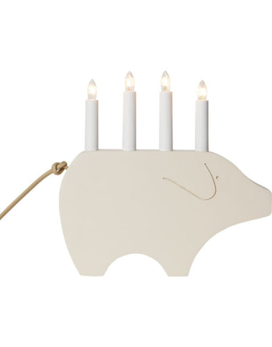 Fensterleuchter Gry in Weiß von Star Trading, Schwein-Design mit 4 warmweißen E10-Lichtern, Textilkabel Gold, 28,5 x 28 x 7 cm, geeignet für Innenbereiche.