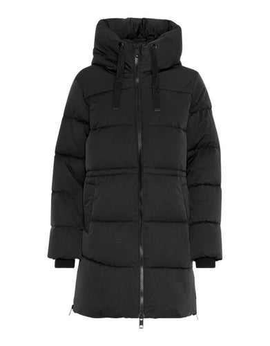 Schwarzer Wintermantel Mola Pavinaria von MSCH Copenhagen mit A-förmiger Passform, hohem Kragen und funktionalen Reißverschlussdetails.