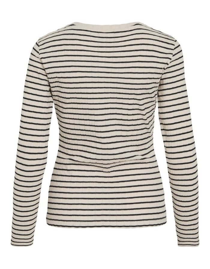  Langarmshirt Viameline von VILA in Birch und Schwarz aus geripptem Bio-Baumwoll-Jersey mit Rundhalsausschnitt.