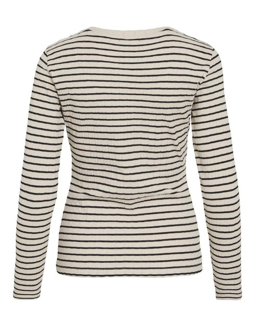  Langarmshirt Viameline von VILA in Birch und Schwarz aus geripptem Bio-Baumwoll-Jersey mit Rundhalsausschnitt.