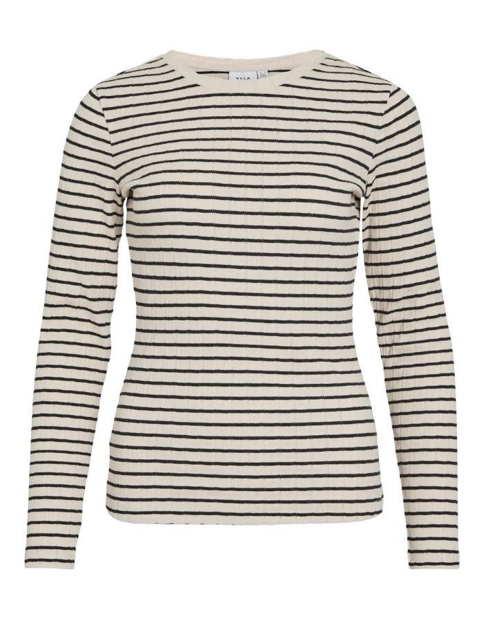  Langarmshirt Viameline von VILA in Birch und Schwarz aus geripptem Bio-Baumwoll-Jersey mit Rundhalsausschnitt.