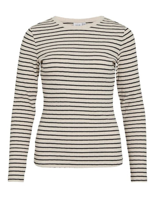 Langarmshirt Viameline von VILA in Birch und Schwarz aus geripptem Bio-Baumwoll-Jersey mit Rundhalsausschnitt.