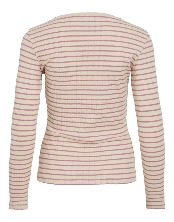  Langarmshirt Viameline von VILA in Birch und Schwarz aus geripptem Bio-Baumwoll-Jersey mit Rundhalsausschnitt.