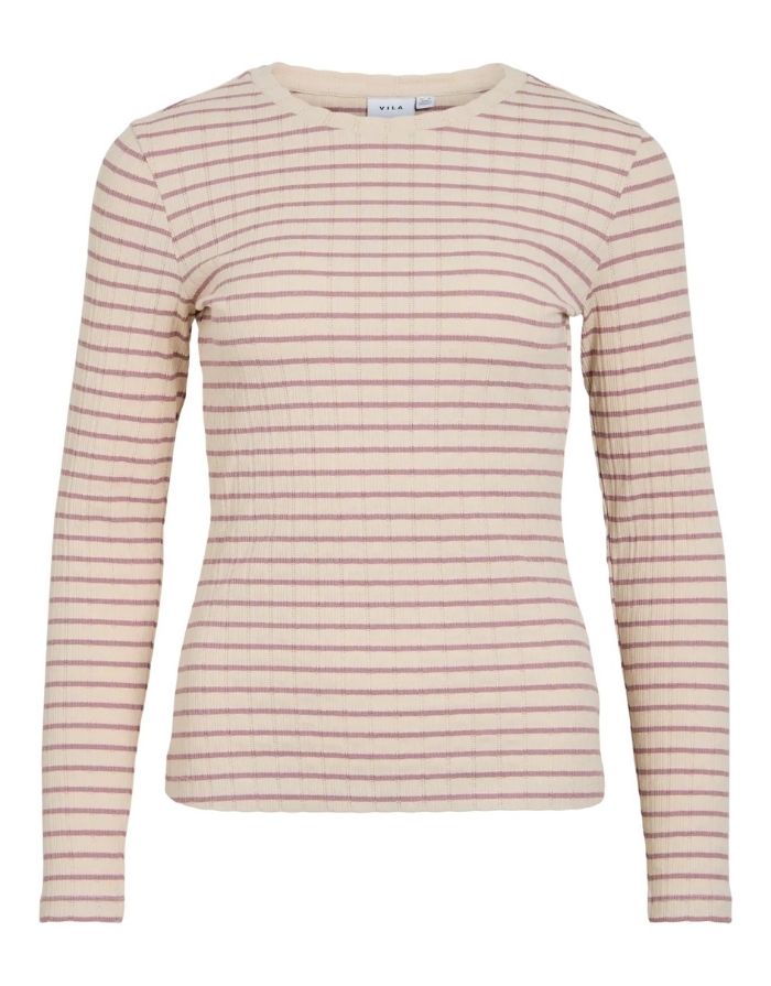  Langarmshirt Viameline von VILA in Birch und Schwarz aus geripptem Bio-Baumwoll-Jersey mit Rundhalsausschnitt.