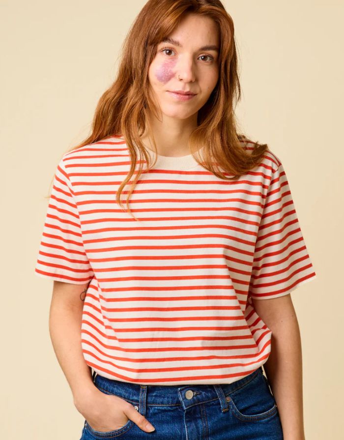 T-Shirt Gestreift I Rot/Off-White
