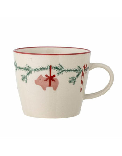 Bloomingville Becher Yule Natur aus Steingut – Weihnachtsmotiv mit rotem Rand
