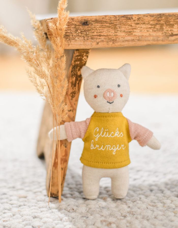Stofftier Schwein Glücksbringer I Gelb/Rosa
